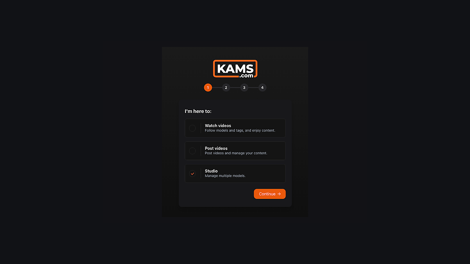 Kams registration account-type screen with Studio selected