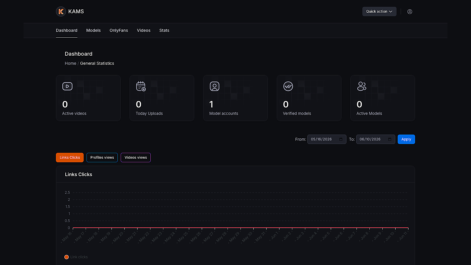 Kams dashboard after studio login