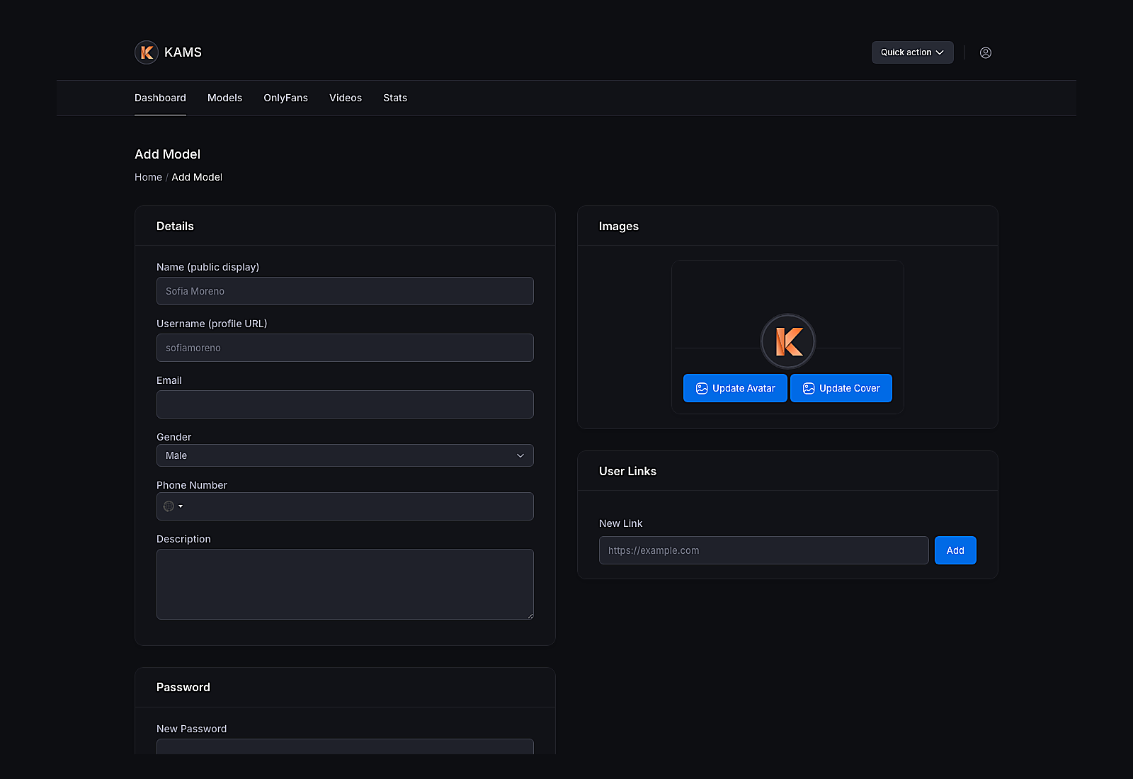 Kams Add Model form