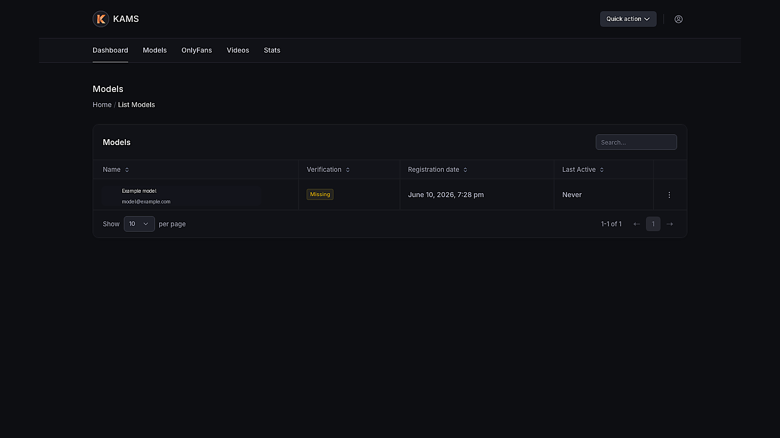 Kams model list with missing verification status